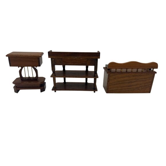 J.B. Miniatures Wood Dollhouse Furniture Lyre Table, Tiered Stand & Bench 1:12 - Picture 2 of 8
